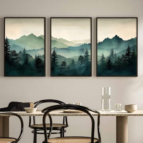 Mountain Wall Art Decor Set of 3 Sage Green Forest Canvas Wall Art Prints Nature Landscape Wall Decor Watercolor Pine Tree Pictures Abstract Modern Painting for Living Room Bedroom 12x16 Inch Unframed - color: Green Mountain Prints, size: 12x16 inch Unfra