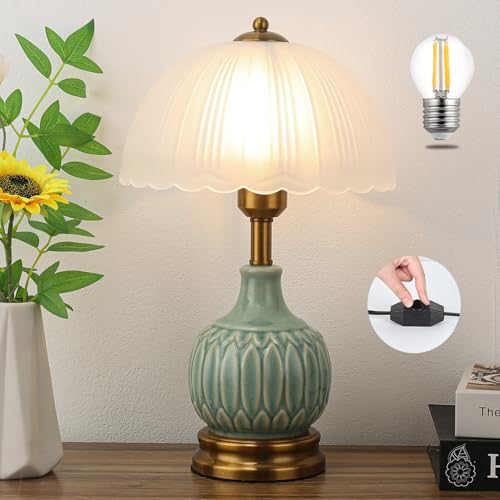 Ceramic Table Lamp Dimmable for Living Room, 16" Modern Vintage Bedside Nightstand Lamps with White Glass Shade,Classic Chinoiserie Retro Bedroom Lamp for Night Stands, Dorm,Office, Home Decor - color: Green bamboo leaves