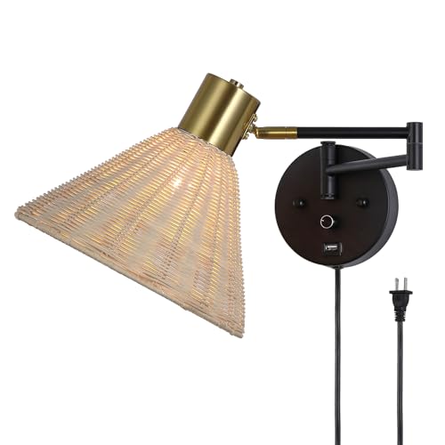 Plug in Rattan Wall Sconce Swing Arm Wall Lamp, Black - color: Black+Rattan Shade