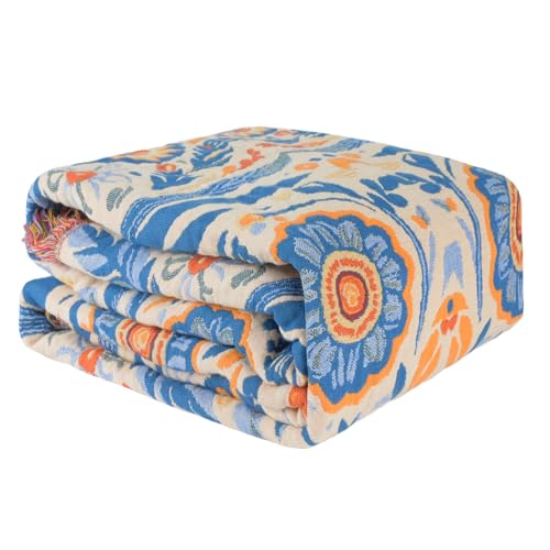 Boho Throw Blanket for Couch Bed, 100% Cotton Soft Rustic Quilt with Tassel 80''x 90'', Super Soft Bohemian Decor Reversible Sofa Bed Chair Blanket Cover for All Seasons(Floral Bird)