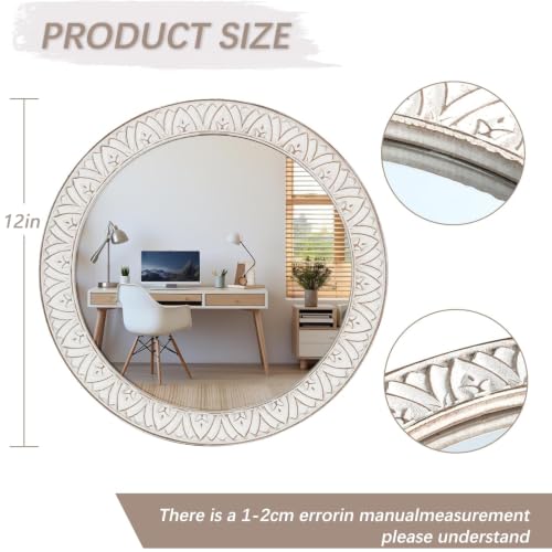 12in Round Mirror Farmhouse Wooden Frame Circle Mirrors, Rustic Decorative Distressed Wall Mounted Mirror for Bathroom, Bedroom, Living Room, Entryway, Fireplace, Hall - color: Flower White, size: 12"L x 12"W