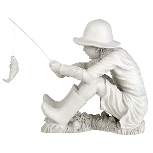 Design Toscano Gone Fishing Fisherman Boy Garden Statue, 17 Inch Tall, Cast Stone Resin, Two Tone Stone Finish - color: Gone Fishing Fisherman