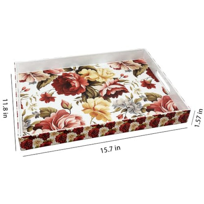 Serving Tray with Handles, 15.7 * 11.8 inches, Plastic Ottoman Tray with Exquisite Paintings, Trays for Coffee Table - color: Red Bloom