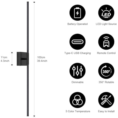 Wall Sconces Set of Two with Remote Control, 39.4 in Dimmable Black Battery Operated Wall Lights, 350° Ratation 3000K-6000K LED Wireless Rechargeable Sconce for Bathroom, Living Room, Bedroom - color: Black, size: 39.4in(2 Pack)