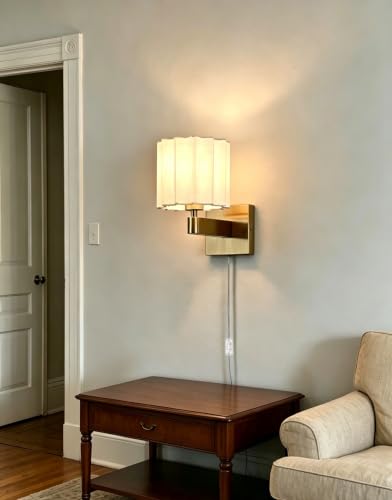 Plug in Gold Wall Sconce Mid Century Modern Pleated Linen Shade - color: Gold