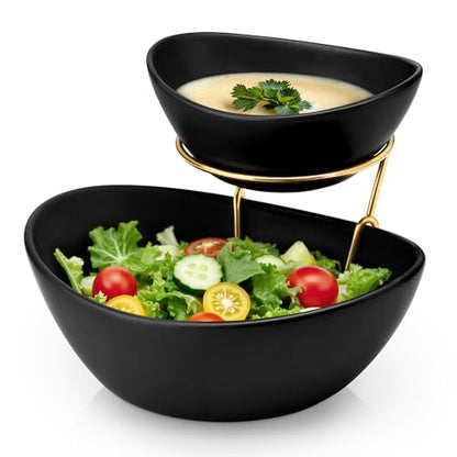 MALACASA 2 Tier Chip and Dip Serving Set with Metal Stand,Ceramic Appetizer Bowls for Party, Multi-Use Food Display for Fruits, Snacks,Black Elegant Tiered Serving Dishes for Party - color: Black