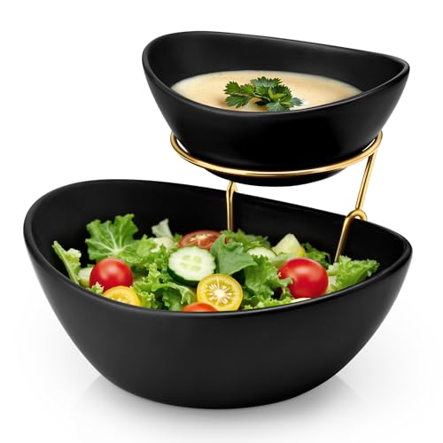 MALACASA 2 Tier Chip and Dip Serving Set with Metal Stand,Ceramic Appetizer Bowls for Party, Multi-Use Food Display for Fruits, Snacks,Black Elegant Tiered Serving Dishes for Party - color: Black