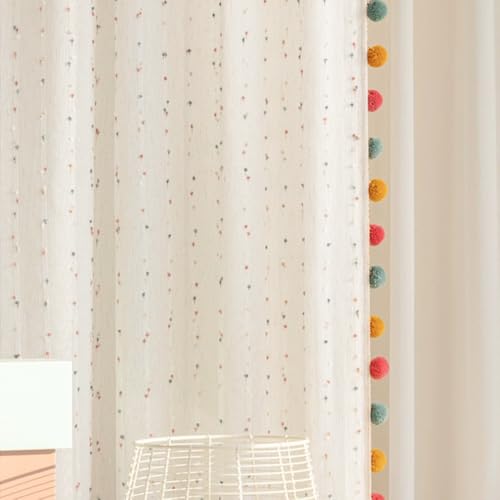 2 패널 무지개 리넨 시어 커튼, 다채로운 폼폼 포함 - color: 멀티 컬러, size: 55"W x 94"L (Pack of 2)