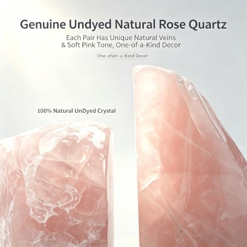 Natural Rose Quartz Bookends 3-4 LBS - Heavy Duty Crystal Book Ends for Shelves, Pink Stone Decorative Home Office Desk Accessories, Gemstone Bookend Set of 2