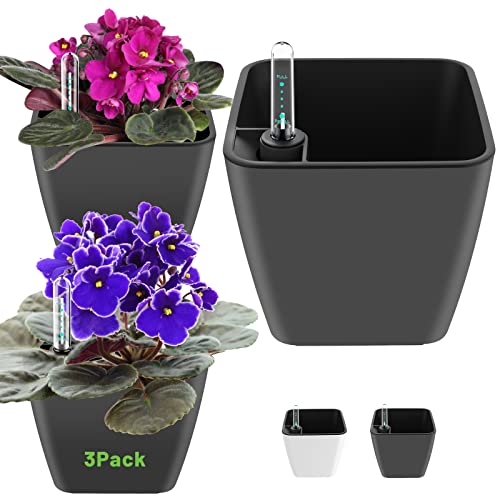 Self Watering Planters for Indoor Plants, 5.2 Inch 3 Pack Square Plastic Plant Pots with Water Level Indicator & Drainage System for African Violet Herbs Succulents - Gery - color: Gray