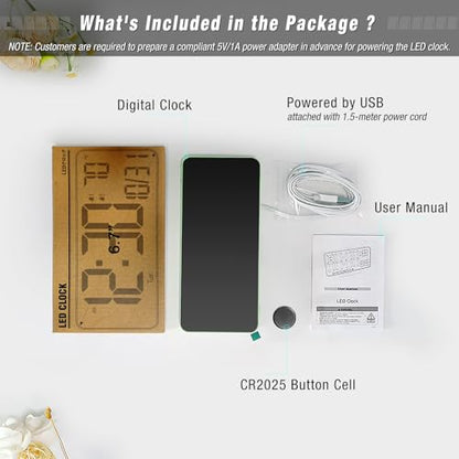 KOSUMOSU Digital Clock for Bedroom, 6.7in Desk Clock, Auto Dimming, Room Temperature, Day of The Week, Date, Seconds, Clocks for Living Room, Alarm Clocks for Bedrooms - color: Green (White + Green Digits)