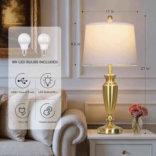 Rinweey 27'' Gold Table Lamps for Living Room with White Lampshade, 3 Way Touch Control Bedside Lamps Set of 2 with USB A+C Ports, Modern Metal Nightstand Lamp for Bedroom Office End Table - color: Gold-27"H