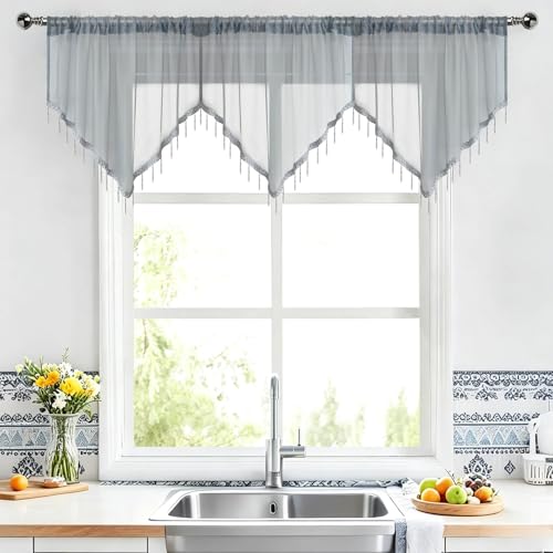 WUBODTI Grey Sheer Beaded Valance Curtains for Windows, Boho Bead Tassels Voile Kitchen Swag Curtain Triangle Sheer Valances Window Valances for Bedroom Living Room Bathroom,3PCs, Each W51 x L24 - color: Grey