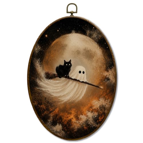 JQF Halloween Ghost Black Cat Oval Wall Decor Framed 8.5x11.5 Inch - color: ghost-4