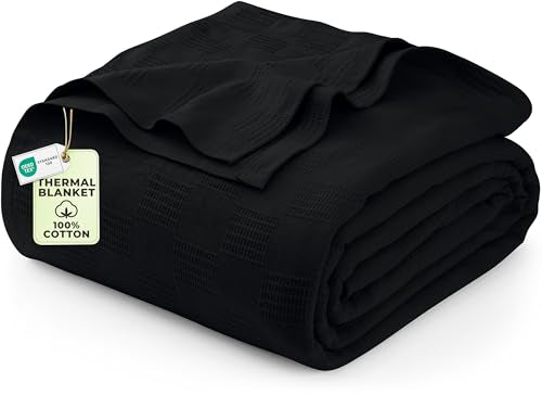 Utopia Bedding 100% Cotton Thermal Blanket Black Queen, 90x90 Inches - color: Black, size: Queen