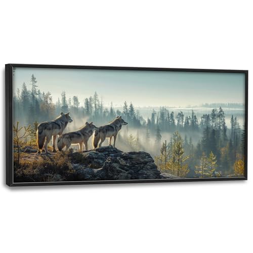Framed Large Pictures Wall Art for Living Room, Forest Wolves Oversized Wall Decor Wolf Animal Canvas Print Painting Extra Large Framed Artwork for Bedroom Office 60"x30" - color: Foggy Forest Wolves, size: 60"L x 30"W