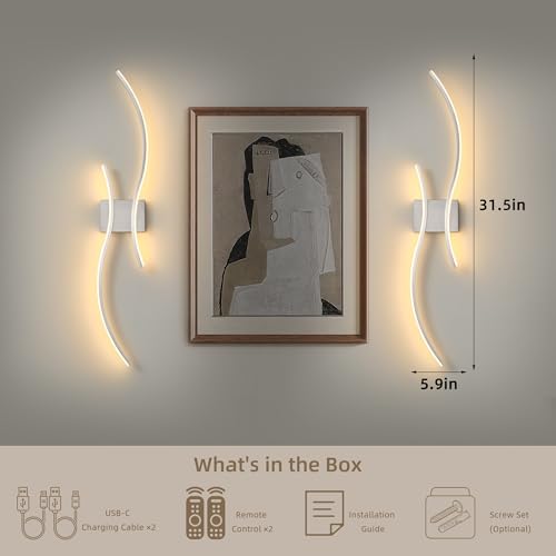 Wireless Wall Sconces Set of Two, Dimmable, 3CCT, Up to 65H Runtime - color: Nickel, size: 31.5 inches (2 Pack)