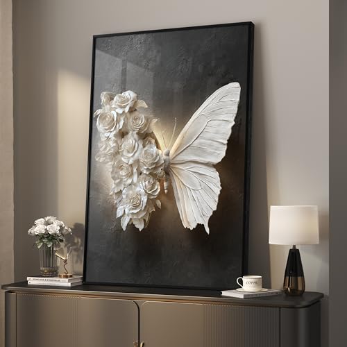 Large Framed Black and White Butterfly Floral Wall Art, 1 Piece 24x36 In - color: Black White Butterfly