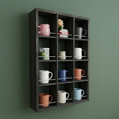 12 Grid coffee mug display shelf, 17x25" Wooden cup shelf for wall, Black - color: Black