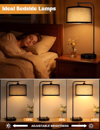 20.7" Tall Table Lamp with USB & Outlet, Fully Dimmable Nightstand Lamp - color: G-Black Shade & Black Base