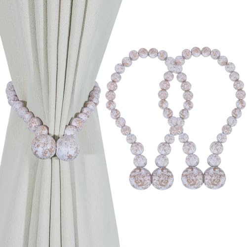 KLOGTSIND Magnetic Curtain Tiebacks, 2 Pack Wood Bead Curtain Holdbacks - color: Whitewashed