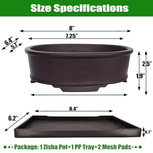 MUZHI Unglazed Natural Clay Bonsai Pot with Drip Tray, Oval Vintage Bonsai Tree Planter with Drainage for Bonsai Training Succulent Arrangement (Oval) - style: Simple Oval
