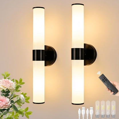 Black Battery Operated Wall Sconces Set of 2 with White Glass Lamp Shade - color: Black（White Glass）