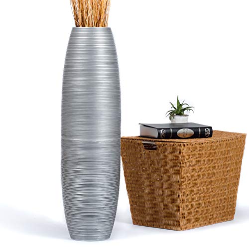 Leewadee Large Silver Home Decor Floor Vase - Wooden 34 inch Tall Farmhouse Decor Flower Holder for Fake Plant and Pampas Grass - color: Silver, size: 34 inches