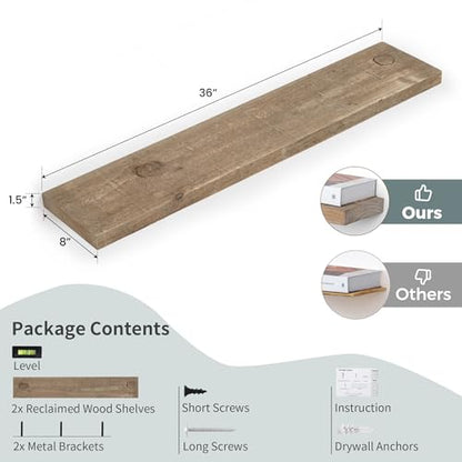 FLYJOE Floating Shelves | 8" Deep Rustic Reclaimed Barnwood Wall Hanging Shelves with Invisible Heavy-Duty Metal Bracket | Wall Mounted | Farmhouse Style | 36 inches, 2 PCs, Distressed Natural - color: Distressed Natural, size: 36inches-2P