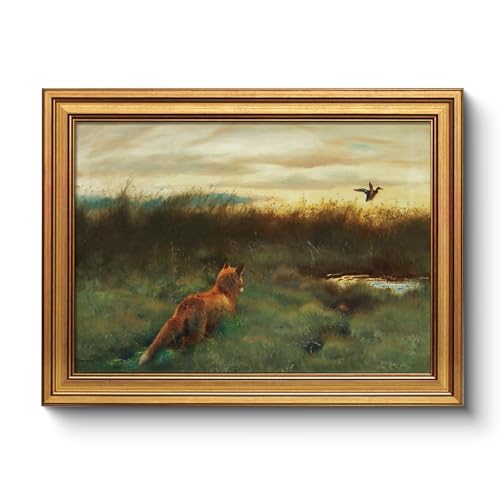 Wildlife and Birds Vintage Fox Wall Art 12x16Inch Gold Framed Canvas Print - color: Hunting Fox, size: 16"L x 12"W