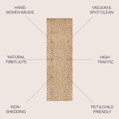JONATHAN Y Hira Hand Woven Diamond Chunky Jute Natural Runner Rug, 2x12, Bohemian, Transitional, Easy-Cleaning for Living Room, Bedroom, Kitchen, Pet Friendly, Non-Shedding (NFR100A-212) - size: 2'2" x 12' (Runner)