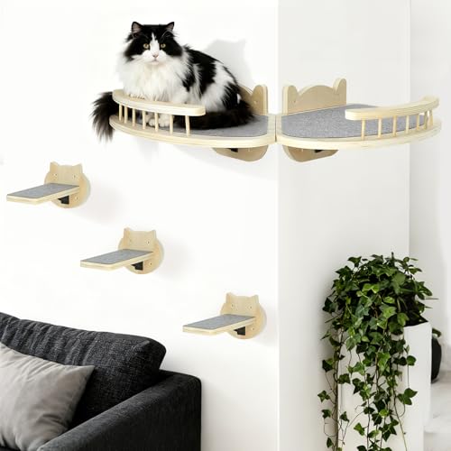 Cat Wall Shelves Furniture Set with Scratching Pad，Wooden Cat Climbing Wall Systems with 2 Perches and 3 Steps, Floating Shelves Bed Wall Mounted for Indoor Fit Up to 15Lbs (Burlywood) - color: Burlywood