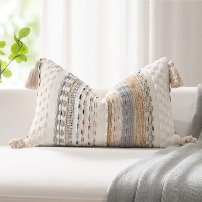 Kevin Textile Boho Tufted 12x20 Inch Lumbar Pillow Cover 1 Pack, Beige - color: Beige, size: 20" x 12" (Pack of 1)
