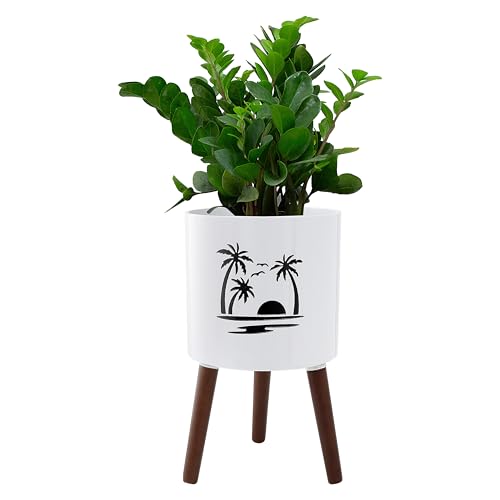 12Inch Planter Pot with Stand, Planter for Indoor Plants, Modern Large Flower Planter Pot with Drainage Holes for Outdoor White & Black Palm - color: White & Black Palm, size: 12 Inch