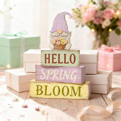 Spring Decoration Wooden Tiered Tray Decor – Rustic Hello Spring Bloom Gnome Stacked Block Sign with Flower Basket Topper – Farmhouse Tabletop Spring Decor for Living Room Shelf Kitchen Coffee Bar Seasonal Home Display - style: Gnome