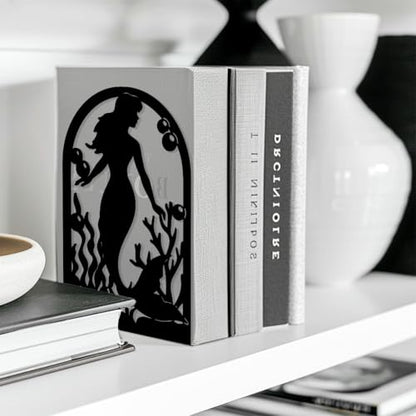 Peacoblue 5.3"x4.3"x7.9" Metal Bookends, Heavy Duty Book Ends for Shelves - style: Mermaid