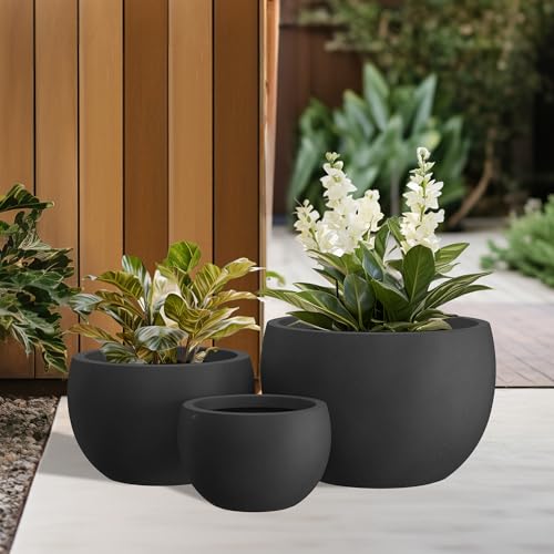 Kante Set of 3 Black Concrete Bowl Planters 20" 15.7" 11.8" Dia - color: Black, size: 19.9"D + 15.7"D + 11.8"D