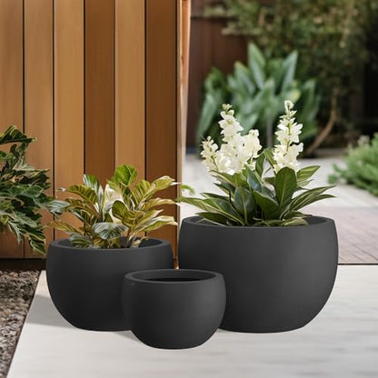 Kante Set of 3 Black Concrete Bowl Planters 20" 15.7" 11.8" Dia - color: Black, size: 19.9"D + 15.7"D + 11.8"D
