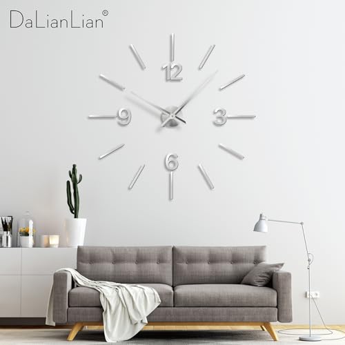 DIY Wall Clock, 3D Mirror Effect, Adjustable up to 65 in, Silver - color: Silver