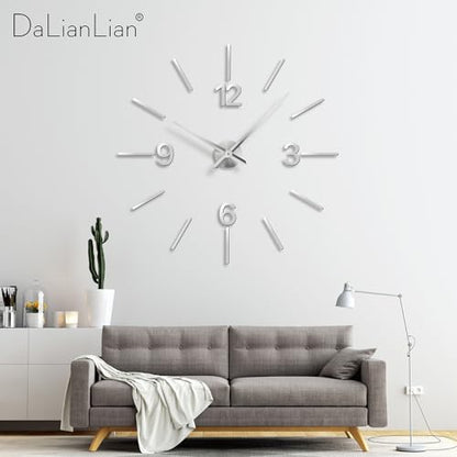 DIY Wall Clock, 3D Mirror Effect, Adjustable up to 65 in, Silver - color: Silver