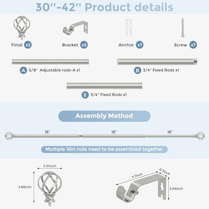 VOIIY Silver Curtain Rod 30-42 Inch, Adjustable Curtain Rods for Windows - color: Antique Silver, size: 30"-42"|1 Pack