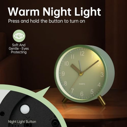 JALL Analog Alarm Clock, 4 inch Super Silent Non Ticking Small Clock with Night Light, Battery Operated, Simple Design, Easy Setting for Office, Bedroom, Bedside, Desk, Teens, Elders, Adult, Green - color: Deep Green