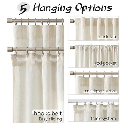 Joywell Linen Curtains 80 Inches Long for Living Room Hook Belt Cream - color: Natural, size: 52"W x 80"L (Pack of 2)