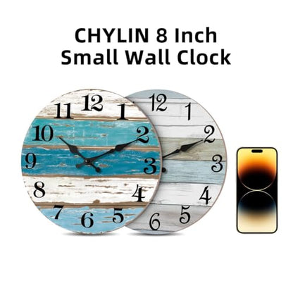 CHYLIN Wall Clock Non-Ticking Battery Operated Silent Rustic Coastal - color: B-white,brown,blue, size: 8 inch