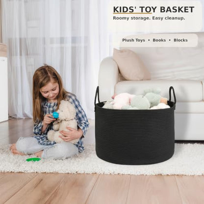 XUANGUO 66L Large Blanket Basket, Round Cotton Rope Basket, Black - color: black