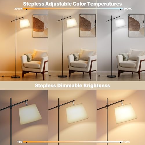 SIBRILLE Floor Lamp with Linen Shade, Dimmable Tall Standing Lamp with Remote Control & 3 Color Temperatures Bulb, Modern Swing Arm Floor Lamps for Living Room Bedroom Office Corner - color: White