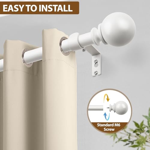 KAMANINA 7/8 Inch White Curtain Rod 32 to 86 Inch with Round Finials - color: Ivory White, size: 48-84"