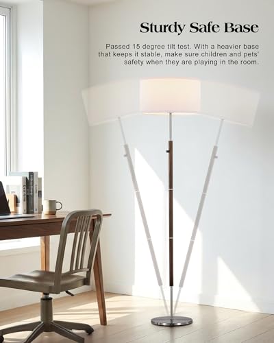 ELYONA Dimmable Floor Lamp Walnut Wood Grain & Brushed Nickel Standing Lamp Mid Century Modern Coner Pole Lamp with White Fabric Shade & Rotary Switch for Living Room Bedroom Office,LED Bulb Included - color: Walnut Wood Grain & Brushed Nickel