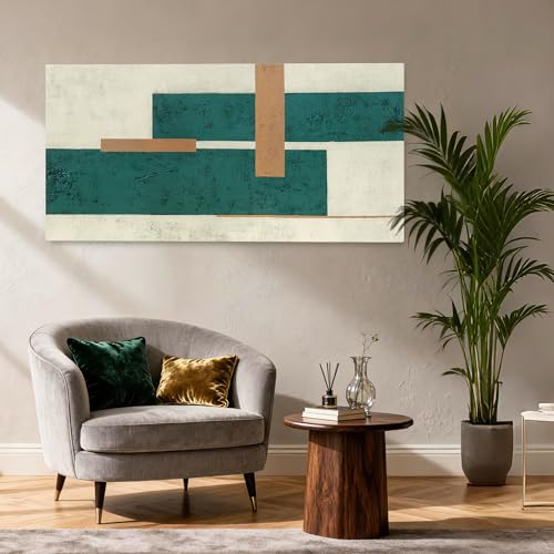 YETHEN WAL Teal Geometric Abstract Canvas Wall Art, 20×40 in Horizontal – Gallery Wrapped, Green & Beige Minimalist Artwork for Living Room, Bedroom, Office - color: Green and Beige, size: 40"L x 20"W