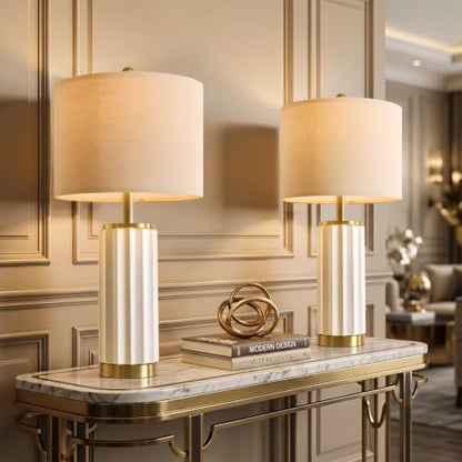 USumkky 25.75" Off-White Ceramic Table Lamp Set of 2, Mid Century Modern Bedside Nightstand Lamps for Bedroom Living Room, Linen Shade & Gold Metal Base, Rotary Switch E26 (Bulbs Excluded) - color: 25.75" Fluted Column-2 Pack